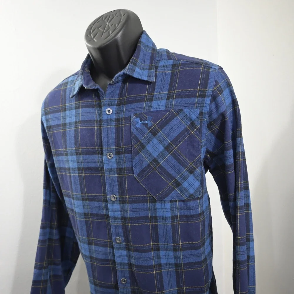 Under Armour Flannel Button Up Mens Medium Loose Blue Plaid ColdGear Pocket